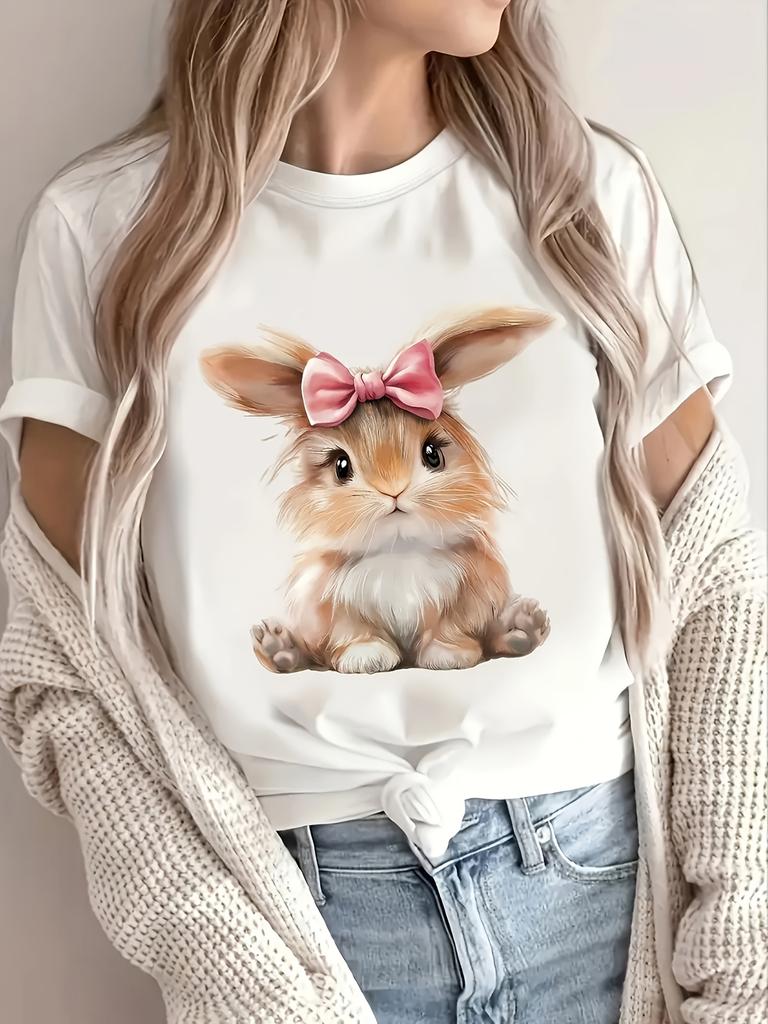 Women's Cute Rabbit Pattern T-shirt - Soft Blended Casual T-shirt with Cute Rabbit Design Short