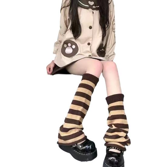 1 Pair Japanese Style Flared Shape Long Student Leg Covers Elastic Cuffs Solid Color Striped Loose Knitted Leg Warmers Fashion Accessories