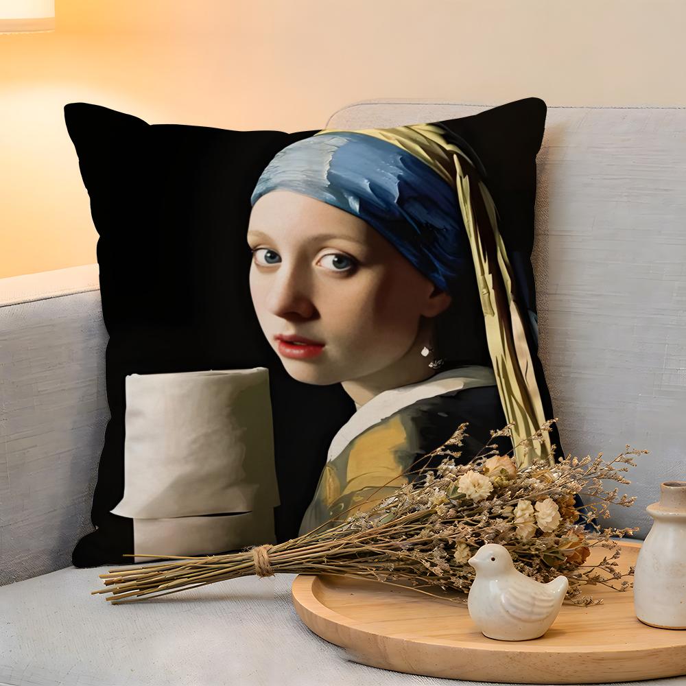 Cushion Cover Linen SkinFriendly Soft Decorative Case For Sofa Home Decor Mona Lisa Wearing Pearls Girl Pillow cover