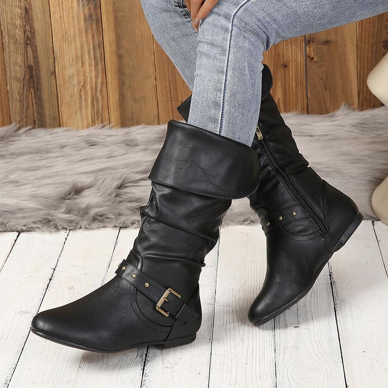 Мода Балетки Женские Сапоги до колена Модная обувь Тренд 2025 Зима Новые Плиссированные Кожаные Челси Сапоги Молния Повседневная Ходьба Женские Ботинки