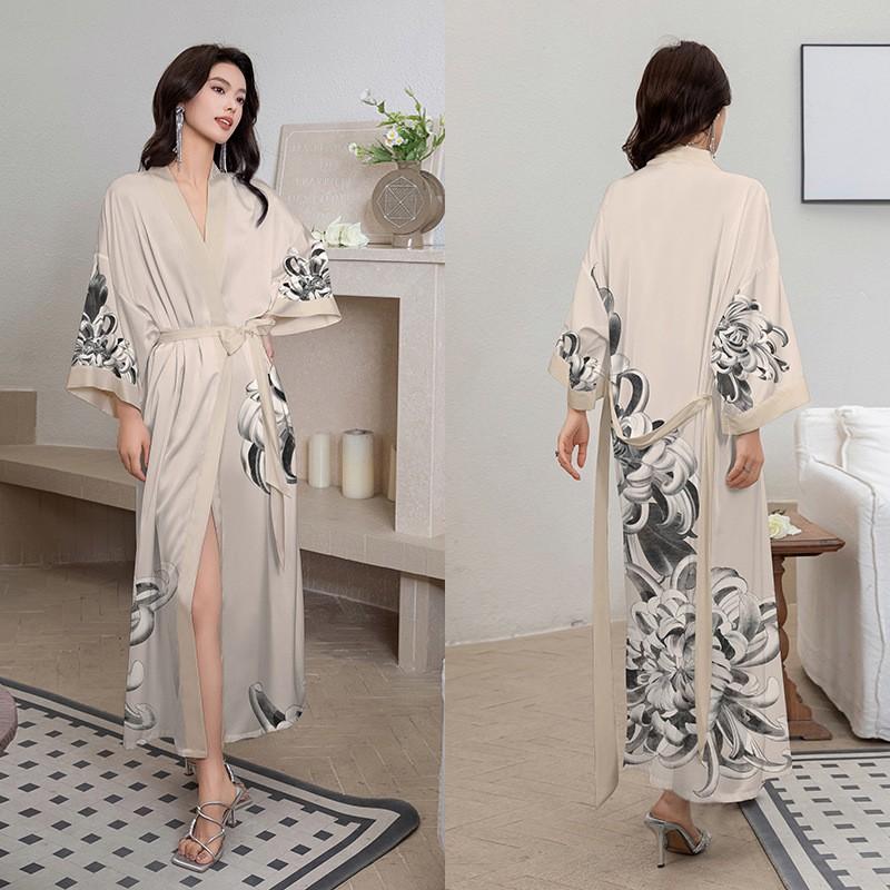 Satin Printed Robe Women Plus Size Lightweight Long Sleepwear Home