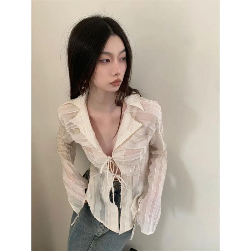 Yedinas Fairycore Lace Up Blouse Women Long Sleeve Spring 2023 New Turn-down Collar Women Shirt Ladies Tops Korean Fashion Chic
