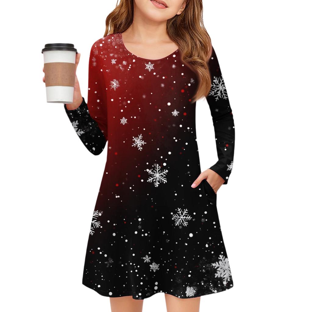 Christmas Day Girls' Long Sleeve Dress - Color Pocket Dress