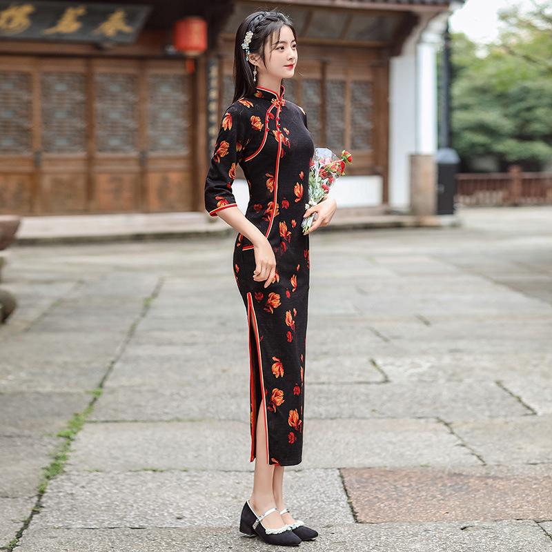 1011 New long seven-quarter-sleeved concubine mink daily cheongsam improved Chinese style mother dress