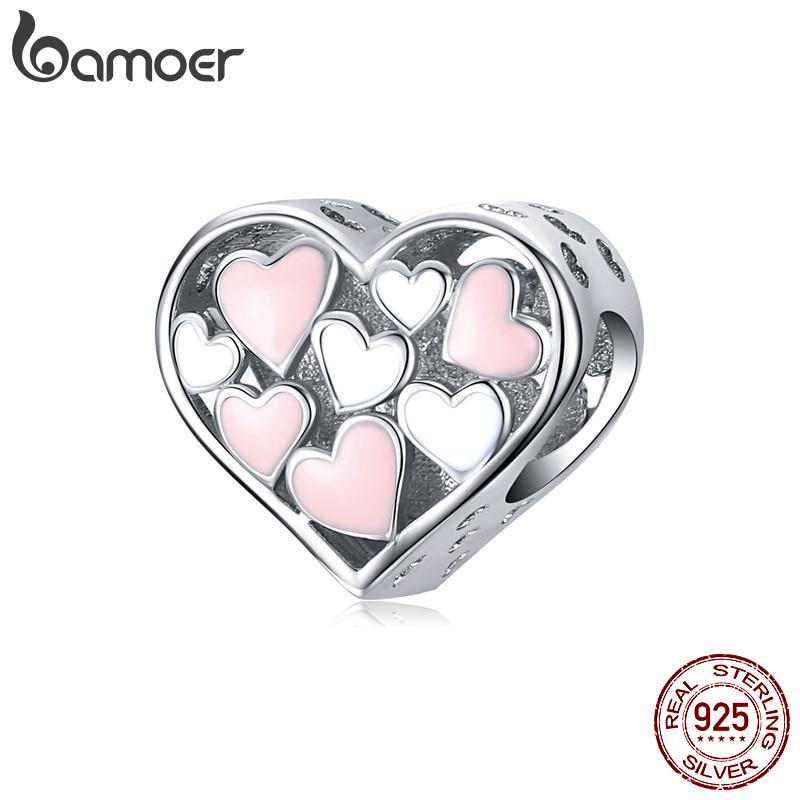 BAMOER Стерлинговое серебро 925 пробы, полное любви, бусины в форме сердца, розовые и белые подвески, подходят для оригинального браслета