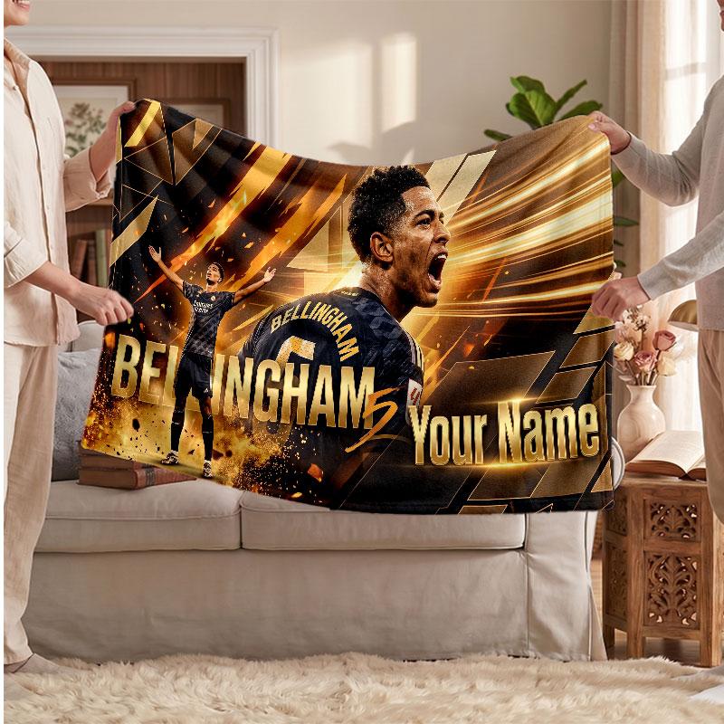 Jude Bellingham Personalized Fleece Blanket With Football Logo, Custom Name Text Soft Warm Home Throw Blanket