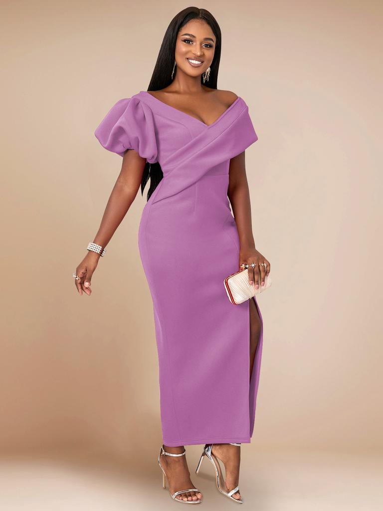 AOMEI Темно-красные вечерние платья, элегантные женские платья с открытыми плечами, V-образным вырезом, рукавами-фонариками, разрезами, нестандартной длины, стильные праздничные наряды