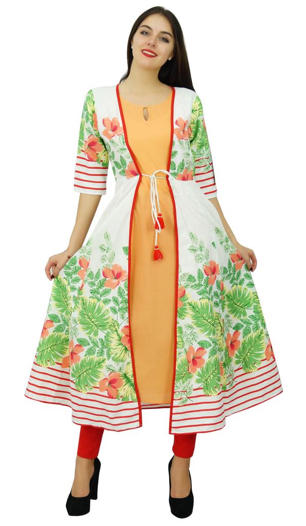 Bimba Womens 2 Piece Designer Flaired Kurta Printed Rayon Kurti Dress