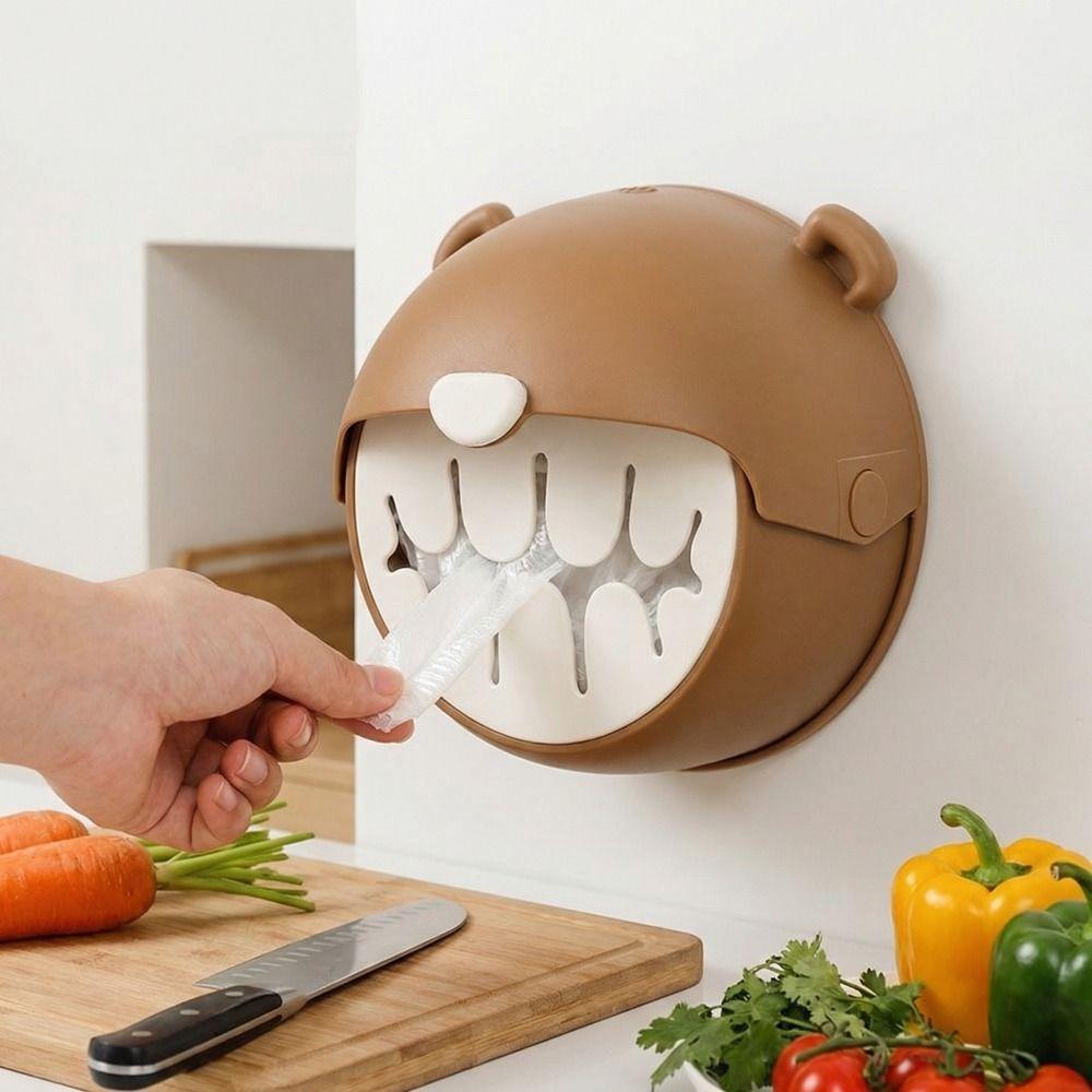 Bear Shape Plastic Wrap Storage Box Punch-Free Extraction Fresh Keeping Bags Dispenser Large Capacity Dust-proof