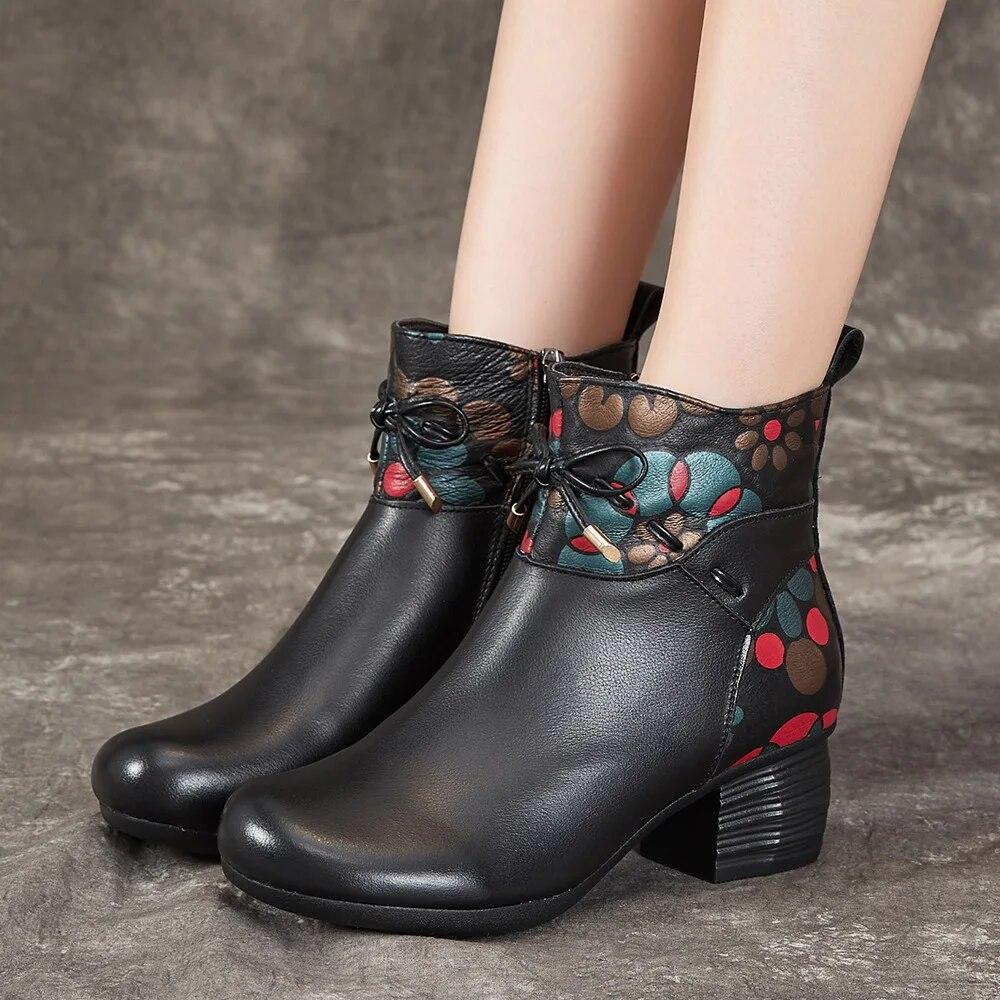 Johnature Зимние теплые короткие сапоги, непромокаемая женская обувь из натуральной кожи в этническом стиле на толстом каблуке и мягкой подошве