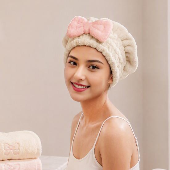 Super Absorbent Drying Cap Hair Towel Wrap with Bow, Women Microfiber Turban, Lightweight Turban for Bath Anti-Frizz Long Thick Curly Fast