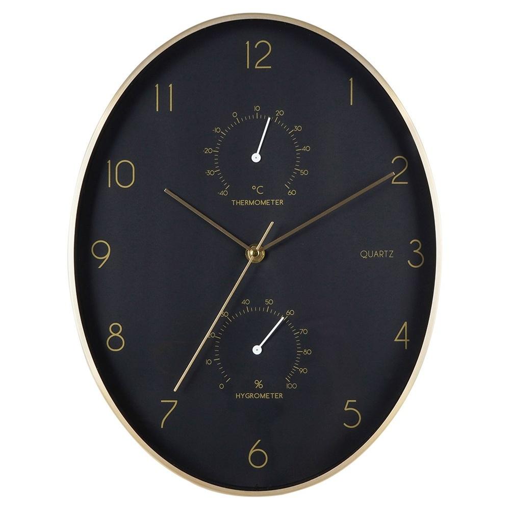 Gold and Black Wall Clock with Thermometer 27x34.5cm