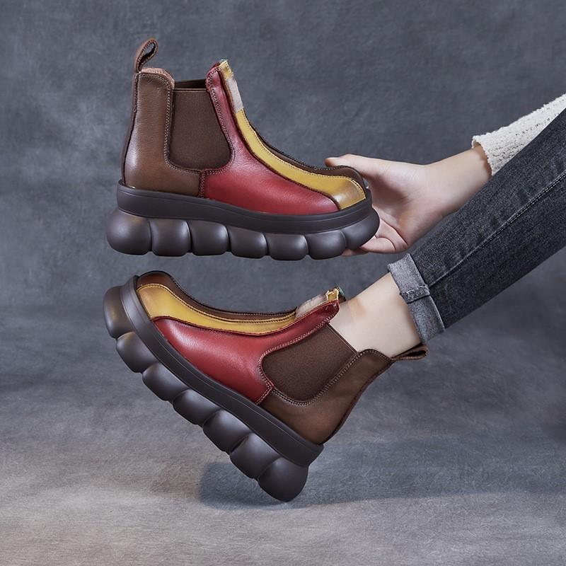 Johnature Rainbow Genuine Leather Short Boots Chelsea Wedge Heel Thick Soled Waterproof Women's Boots