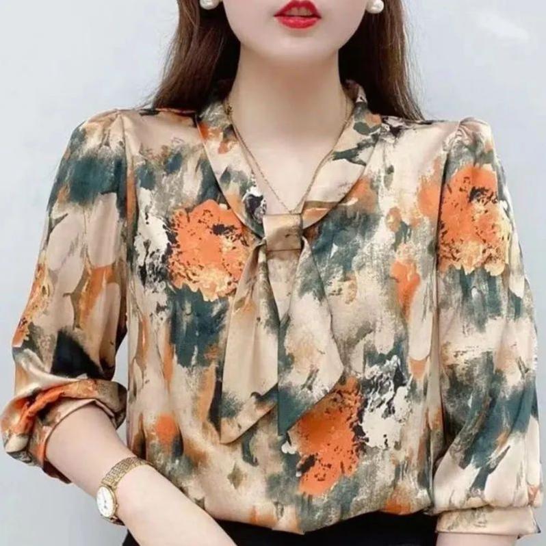 Chiffon Shirt Bow Lace-up Collar Half Sleeved Printed Top Women's Loose Thin Simple Casual Commute Top Elegant Temperament Spring and Summer