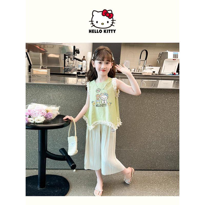 Hellokitty Girls Summer Suit 2025 New Lace-Edged Short-Sleeved Draped Pants Kidsren's Summer Two-Piece Set