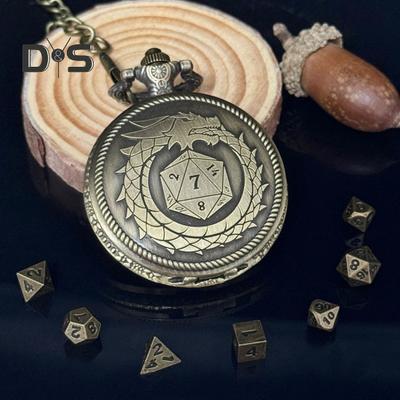 Мини-набор игральных костей DND, чехол для карманных часов с гравировкой дракона и 7 многогранными металлическими игральными костями DND, набор игральных костей в стиле ретро для настольных игр
