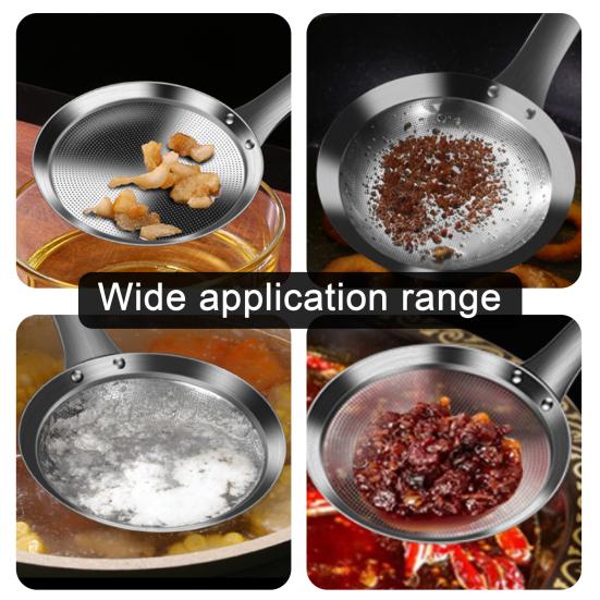 Сетчатый фильтр из нержавеющей стали с длинной ручкой, мелкая сетка, пена для жира, масляный фильтр, ложка, металлическое сито, дуршлаг, скиммер, кухонные принадлежности