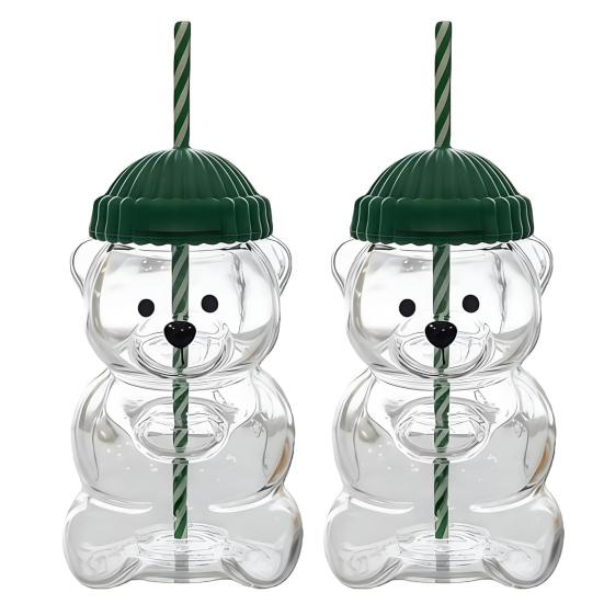 2Pcs Bear Shaped Tumbler with Lid & Straw Cute Leak-Proof Cup for Kids Adults Plastic Cold Drink Cup for Smoothie And Iced Coffee