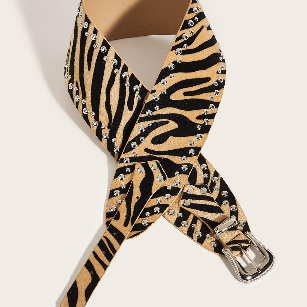 Fashion Print Leopard Pattern Rivet Metal Buckle Decoration Women Wide Waistband