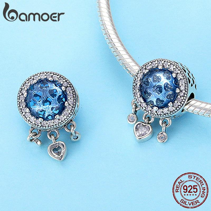 BAMOER 100% стерлинговое серебро 925 пробы с подвесками в форме сердца, сияющие хрустальные бусины с фианитами, подходят для женщин, браслеты с подвесками