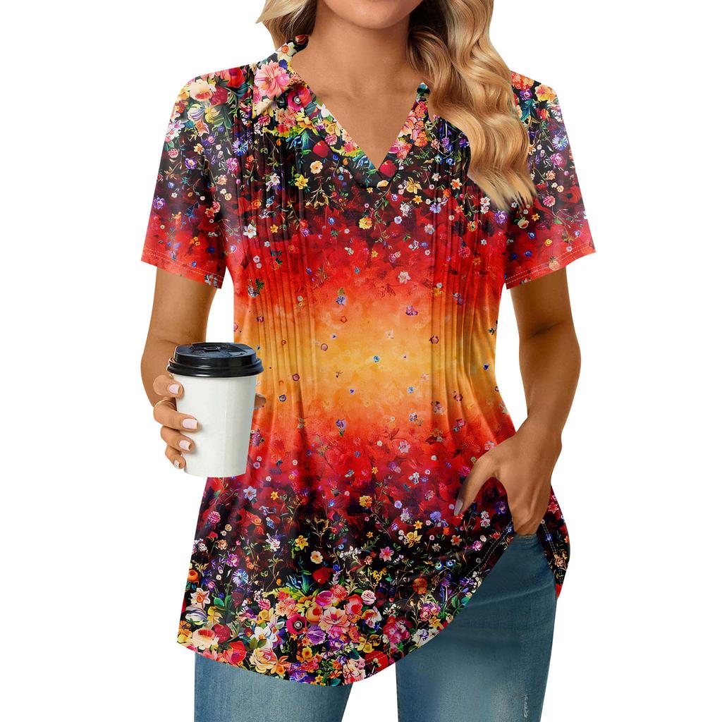 Womens Short Sleeve T Shirts Pleated V Neck Printing Tee Collared Summer Tops Fashion Business Casual Work