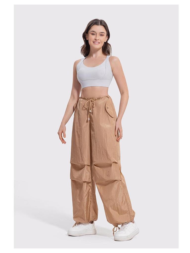 Women's Y2K Wide-Leg Cargo Pants with Drawstring - Slimming American Parachute Design for Casual Sport.