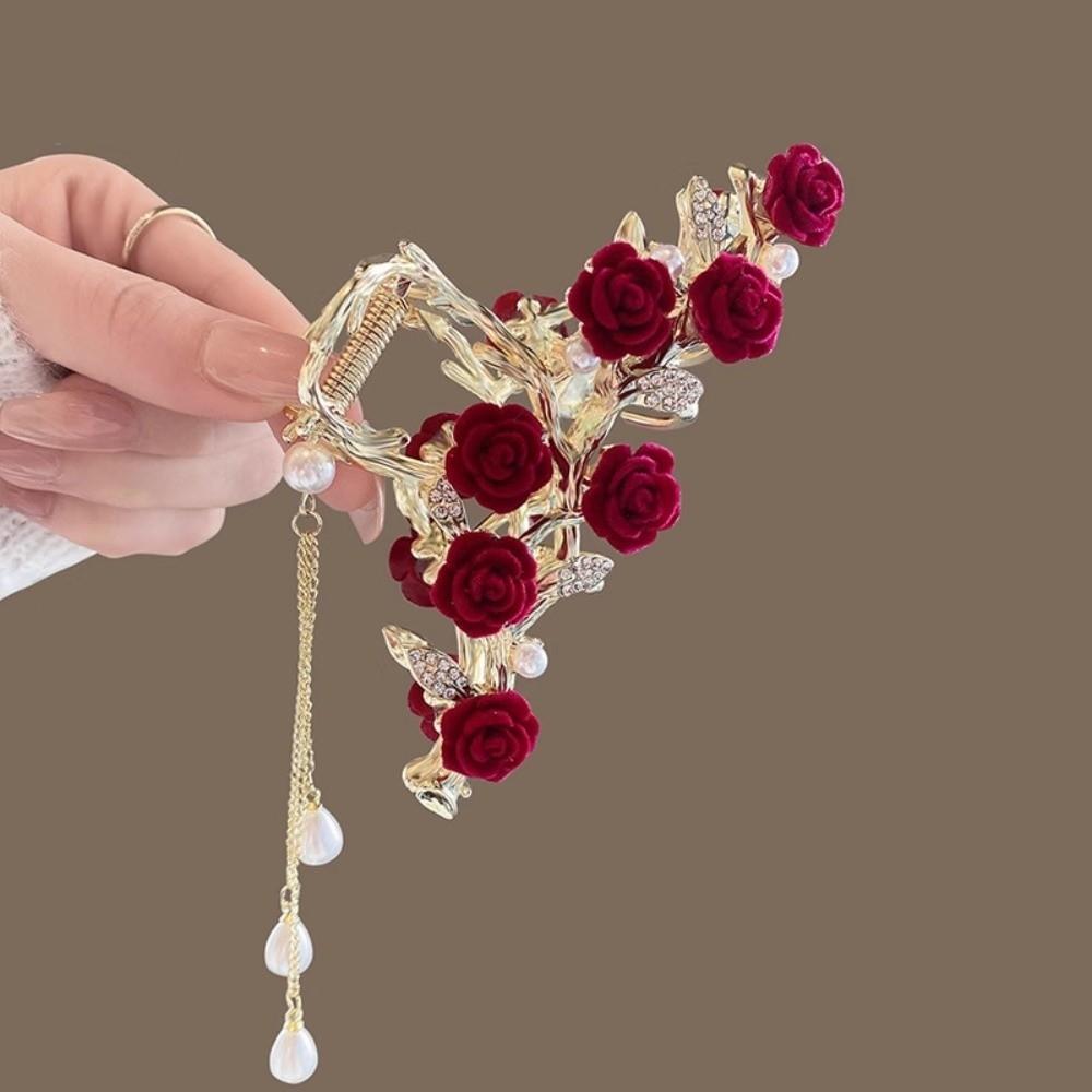 Pearl Tassel Rhinestone Hairpins Red Metal Hairgrip Elegant Rose Hair Claw Clips Hair Accessories