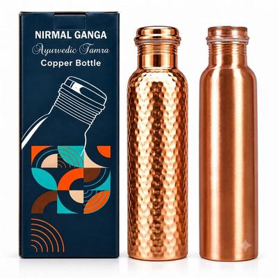 Комбо-набор из медных бутылок Nirmal Ganga - Чеканная и Гладкая - Комбо 1+1 - По 1 литру каждая, Чистая медь, Отличное экспортное качество