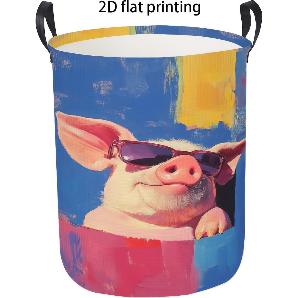 1pc Foldable Laundry Basket with Pig Head Fashion Glasses - Round Storage Hamper Suitable for Home,, Dorm, Room - Basket with Handle for Clothes,, Bla