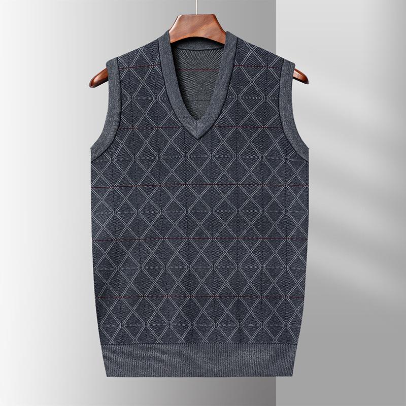 Men's V-neck Sweater Vest Autumn and Winter Sleeveless Vest Sweater for The Elderly with A Shawl Diamond Bottoming Sweater