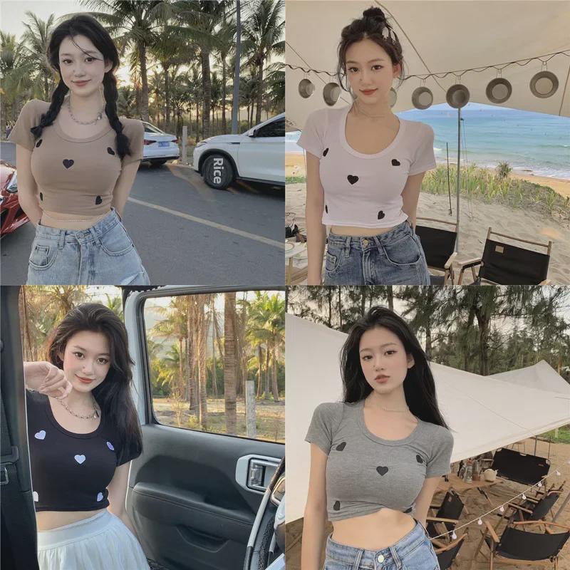 2024 Летняя трикотажная футболка с высокой талией и вышивкой Slim Fit Short для женщин