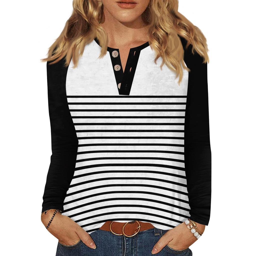 Женская футболка с принтом, на пуговицах, с длинным рукавом, повседневная, для выходных, модная, базовая, с V-образным вырезом, обычный топ