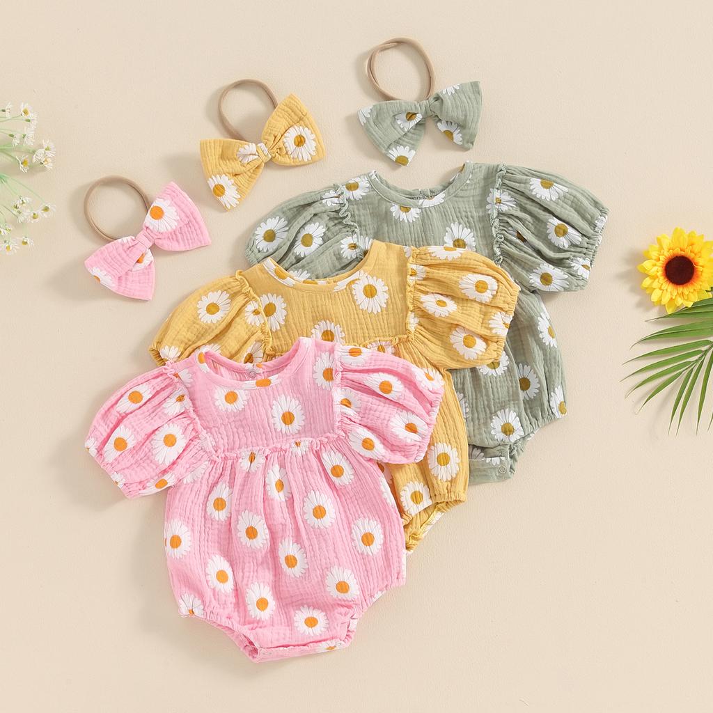Baby Girls Rompers Daisy Print Short Sleeve Round Neck Infant Bodysuits Summer Clothes with Headband