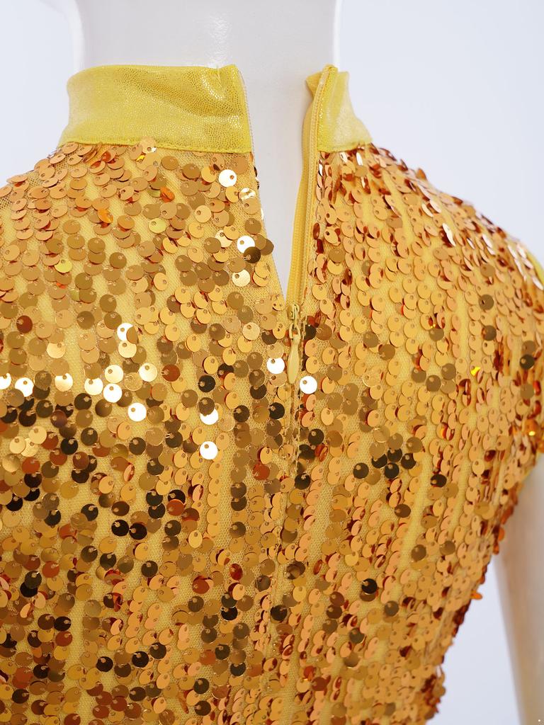 Girls Worship Dance Dress Mock Neck Sleeveless Asymmetrical Hem Shiny Sequins Bodice Liturgical Costume