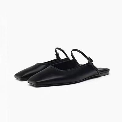 Женские сандалии-мулы на плоской подошве, осень 2024, тапочки с квадратной головкой и пряжкой и ремешком, новые женские универсальные черные туфли для отдыха для отдыха