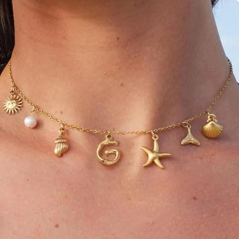 New Surfer Girl Necklace Beach Jewelry Initial Necklace for Girlfriend Seashell Letter Choker Starfish Accessories