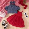 Милый костюм для девочки Летний костюм для девочки 6 месяцев-3 лет Джинсовая короткая куртка + сетчатая юбка-пачка на шее