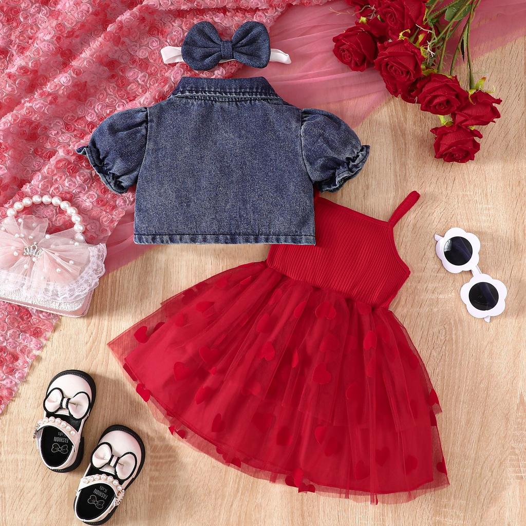 Милый костюм для девочки Летний костюм для девочки 6 месяцев-3 лет Джинсовая короткая куртка + сетчатая юбка-пачка на шее