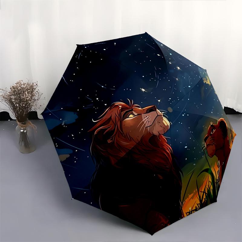 Lion King,Night Sky Fully automatic themed umbrella - 8 ribs durable iron frame, tri-fold compact design, perfect as a gift, travel umbrella