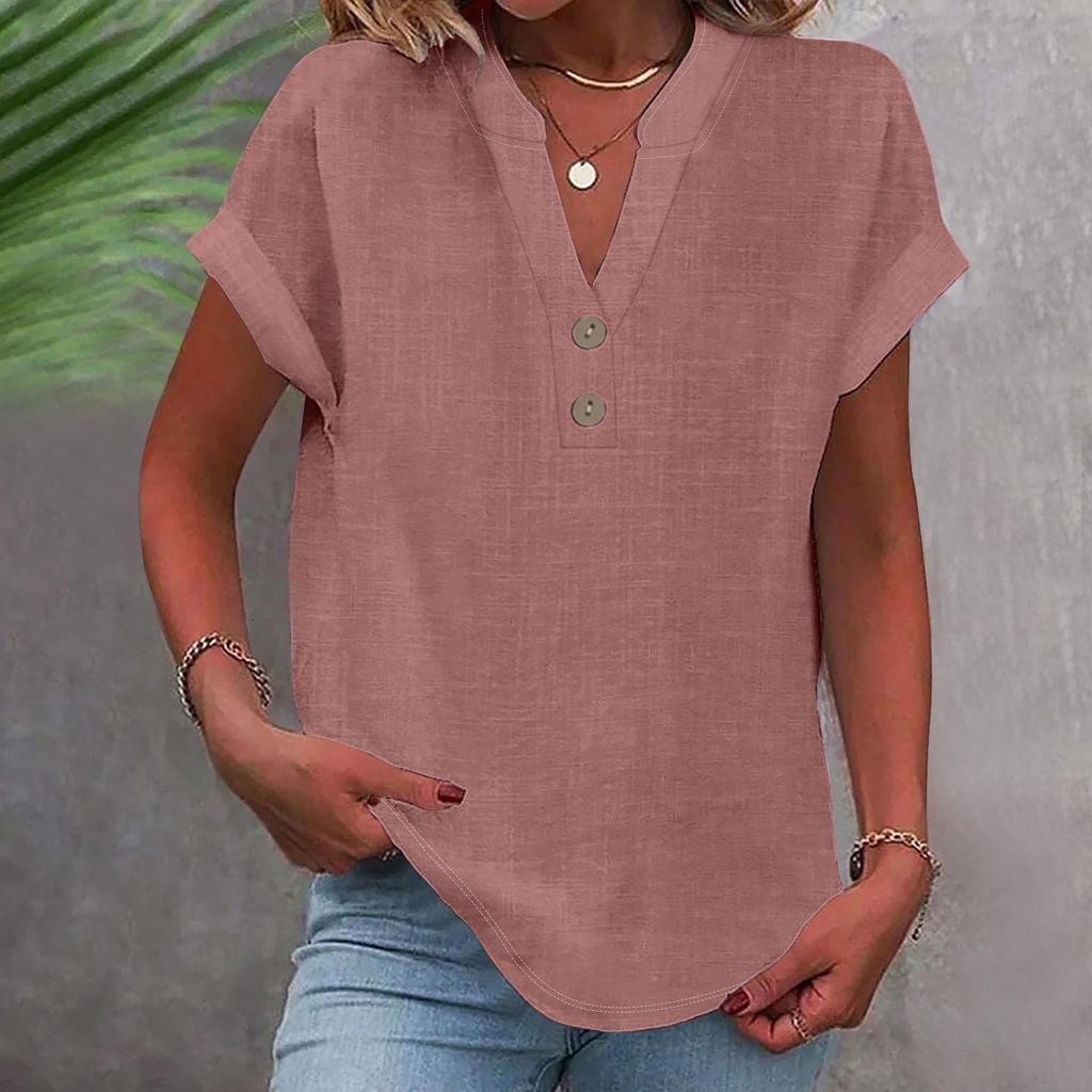 Women's Fashion Casual Solid Colour V-Neck Short Sleeve Button Down Shirt T-Shirt Top