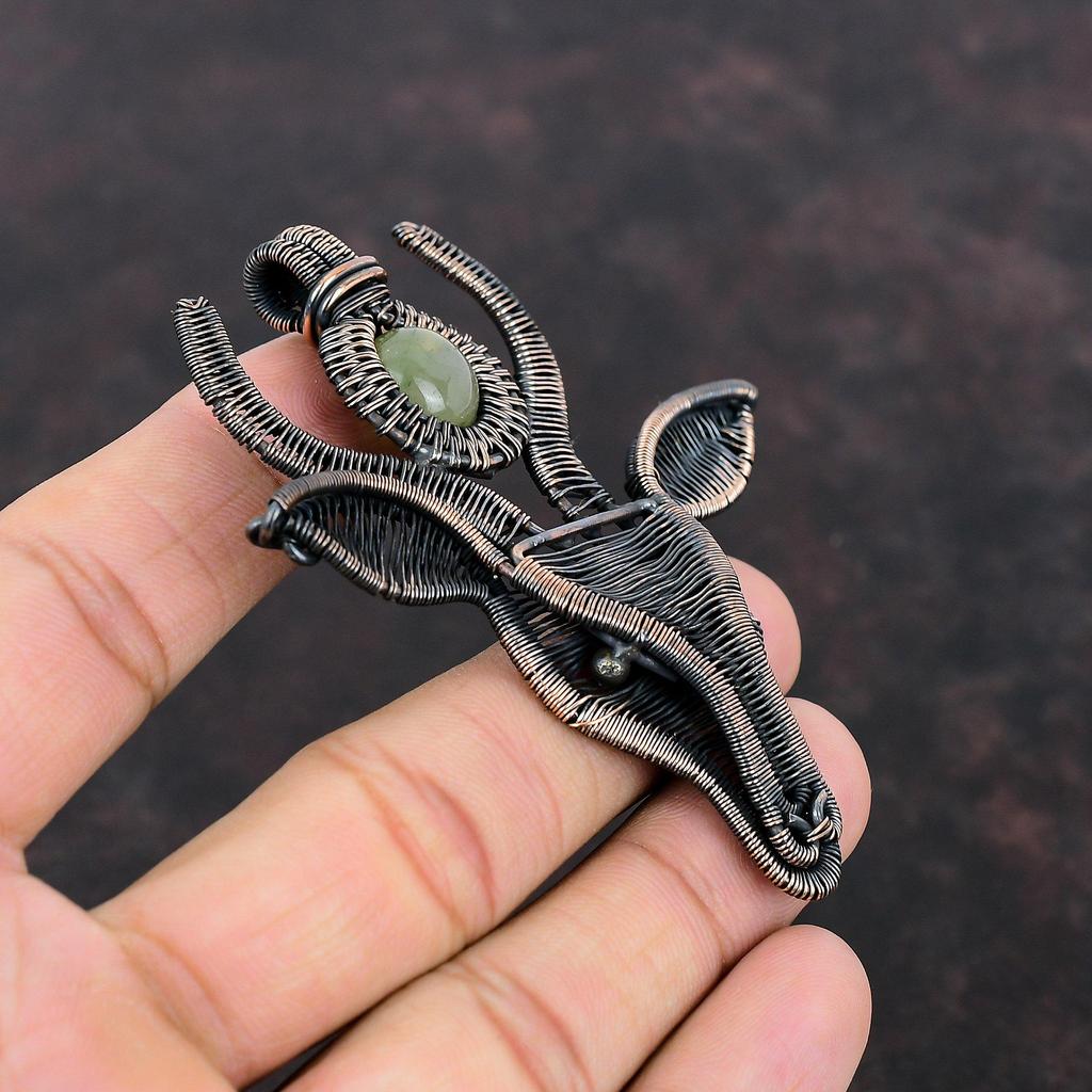 Подвеска из пренита, медная проволочная подвеска, ручная работа, подвеска в виде коровьей морды, ювелирные изделия из драгоценных камней, этническая подвеска, медные ювелирные изделия, подарок для нее