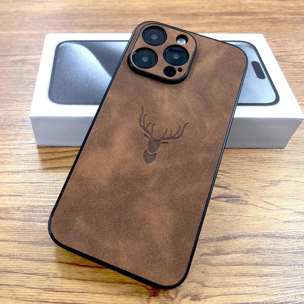Роскошный чехол из искусственной кожи PU Retra для iPhone 17 Air 16 15 14 13 12 11 Pro Max iPhone11 iPhone12 11Pro 12Pro с рисунком оленя, полная защита