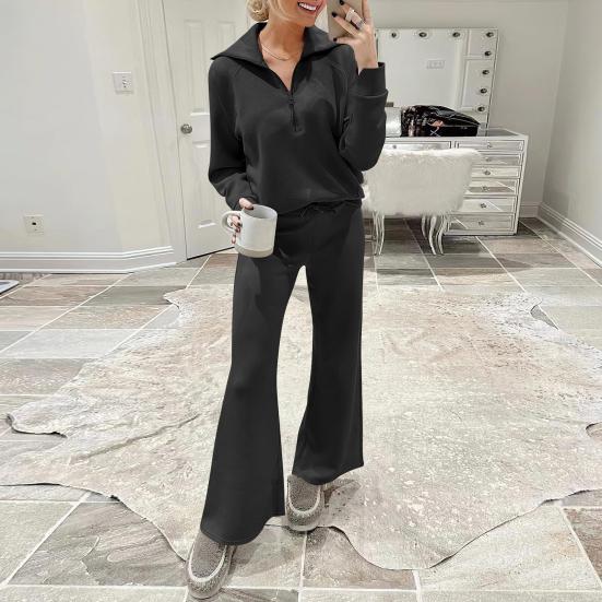 2 шт./компл. осень-зима пальто брючный костюм сплошной цвет с лацканами толстый свободный однотонный декор на молнии с длинными рукавами, широкие штанины, эластичная резинка на талии