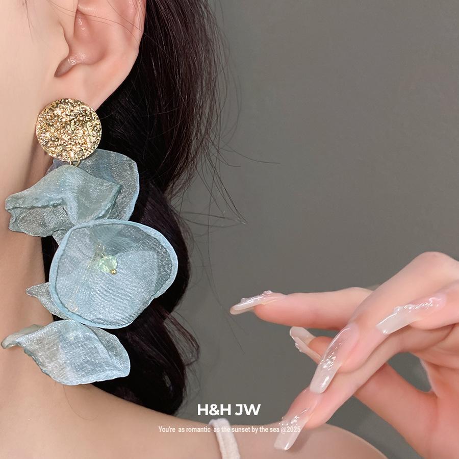 Серебряная игла плиссированный круглый шифоновый цветок бахрома серьги морской отпуск стиль темперамент серьги нишевые высококачественные серьги женщины