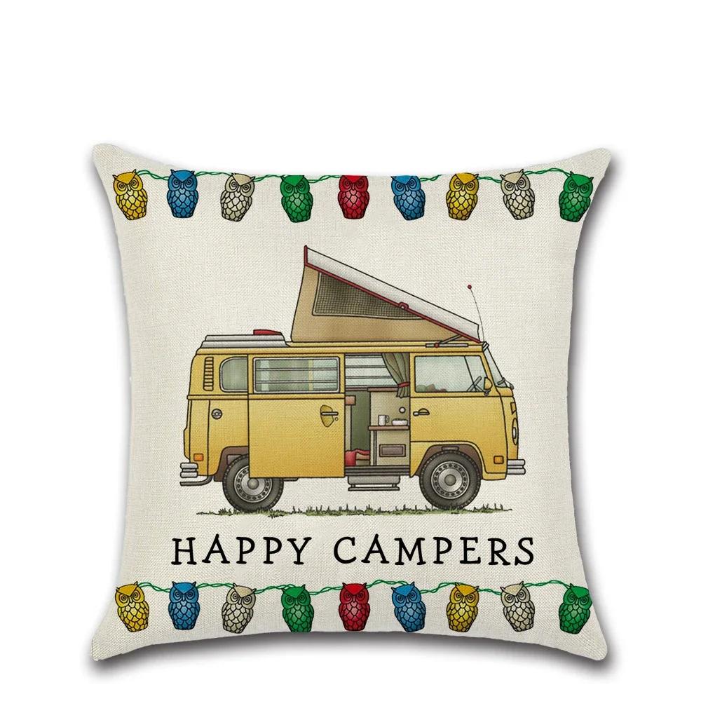 Happy Campers Cartoon Caravanning Linen Cushion Covers Vintage Pillowcase Livingroom Sofa Modern Decorative Throw Pillows CoverLYC-,