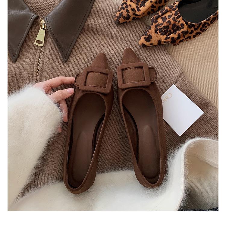 Sheepskin Version~ Square Buckle Leather Leopard Print Shoes Flat Mary Jane Shoes Women's Shallow Mouth Single Shoes Soft Sole Pointed Shoes Ladyshoes