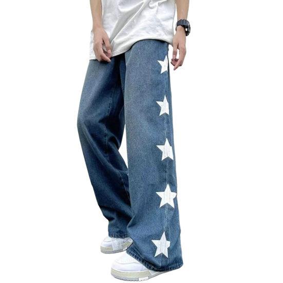 Мужские джинсы с широкими штанинами, прямые, свободные, со звездным принтом, полная длина, сплошной цвет, карманы, пуговицы, застежка-молния, мягкая уличная одежда в стиле ретро, ​​мужские длинные брюки