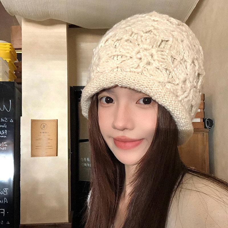 Handmade crochet crimped knitted hat women's autumn and winter new double-layer warm push hat bag head hat