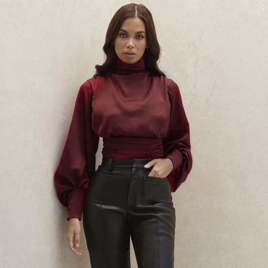 Женский топ, шикарный однотонный пуловер, вечерняя блузка с драпировкой, клубная блузка с длинными рукавами, женская рубашка для повседневной носки