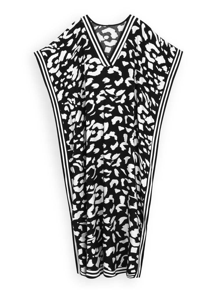 EDOLYNSA Plus Size Boho Black White Leopard Print Kaftan Beachwear Swimsuit Coverup For Women 2024 Summer Beach Dress Loose Caftan House Dresses Q1609